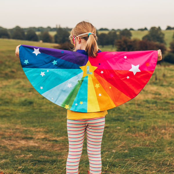 Personalised Rainbow Super Hero  cape & mask + name or initial . Add power cuffs.