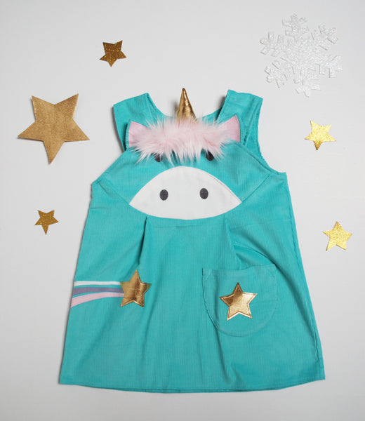 Unicorn Pinafore Dress in Aqua Wild Things Dresses