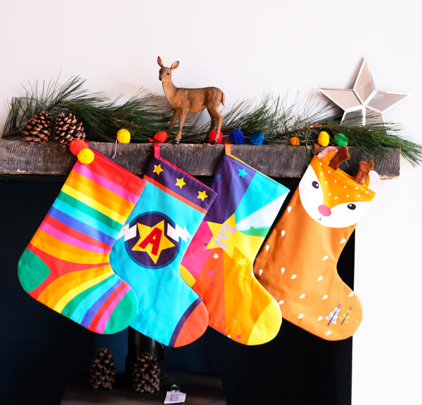 Personalised Christmas stocking , super hero, rainbow stripe sock ,reindeer , family stocking set