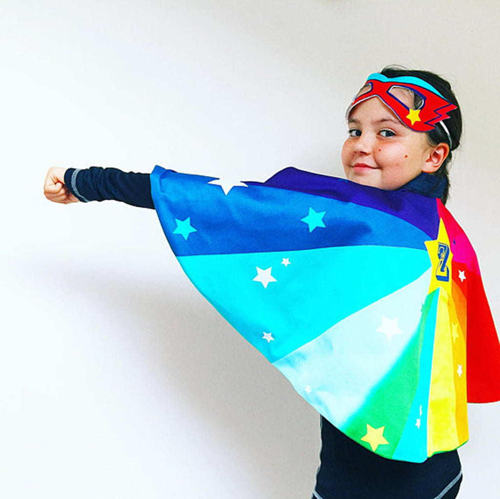 Personalised Rainbow Super Hero cape & mask + name or initial . Add power cuffs.