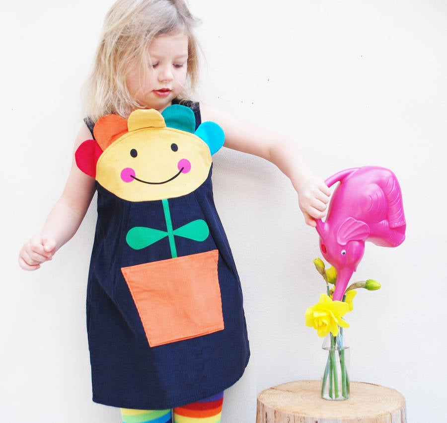 Happy Flower Face Girls Rainbow Pinnie Dress in Corduroy