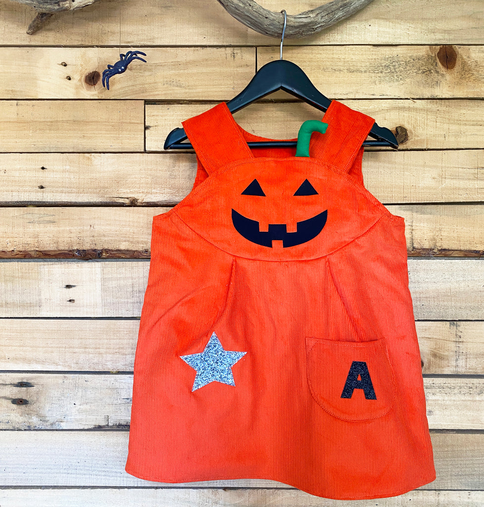 Halloween Toddler Girls Pumpkin Dress Up Pinafore Costume in soft orange cord